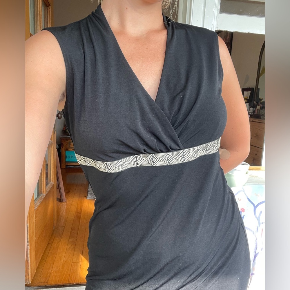 Black Merona midi dress with tribal pattern  detail.